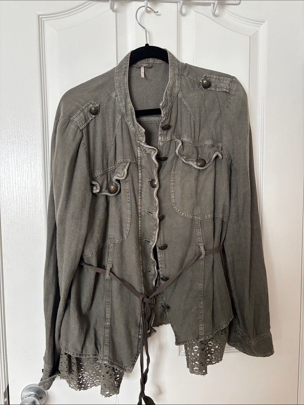 Free People Olive Green Utility Jacket with Crochet Hem